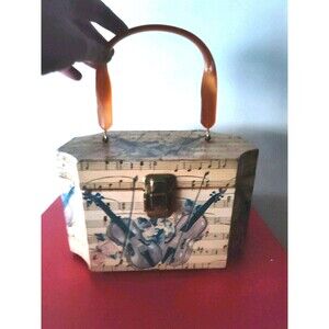 Vintage Wooden Box Purse Make Up Sewing Violin Flowers Music Sheet